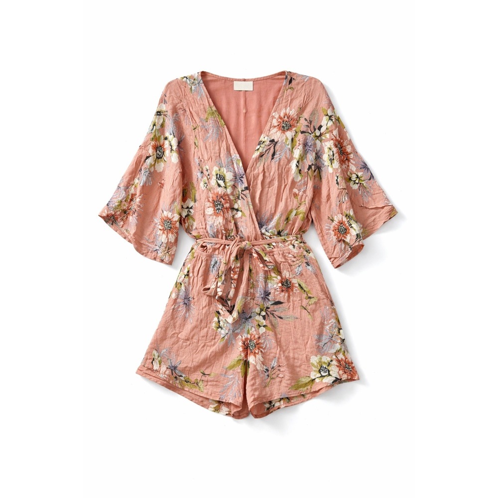 Rokoko by Dazz Women's Floral Romper Large Peach Boho Kimono Sleeve Tie Waist